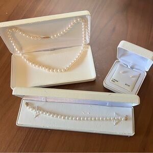White Freshwater Pearl Necklace Bracelet Earring Set 10K Gold 5-7.5mm - 18” 7.5”